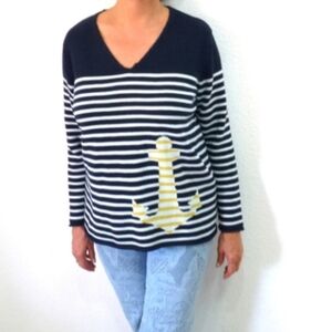 Norton Studio Navy and White Striped Anchor Nautical Cotton Sweater Size 1X